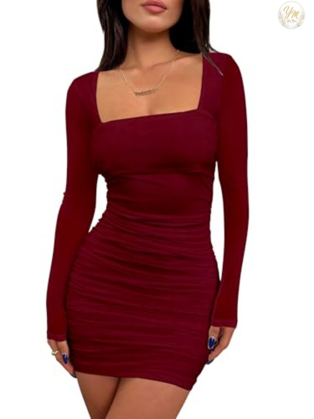 Ruched Bodycon Square Neck Long Sleeve Mesh Mini Dress